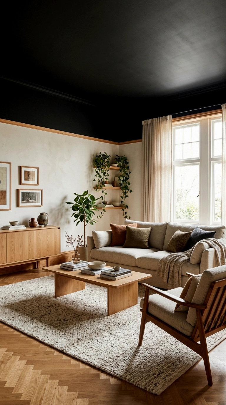 24. Black ceiling or upper walls with warm white below