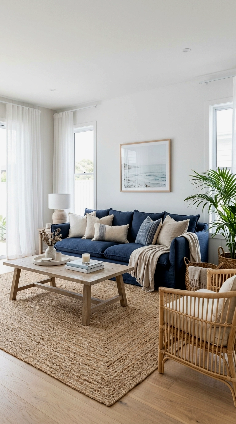 1. Navy couch, white walls, jute rug and linen cushions