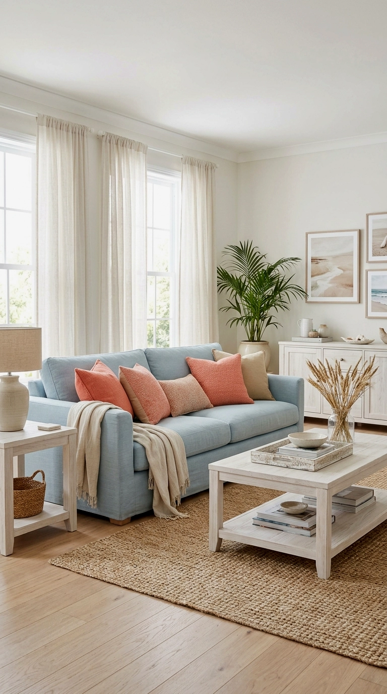 2. Pale blue couch with whitewashed wood and coral accents