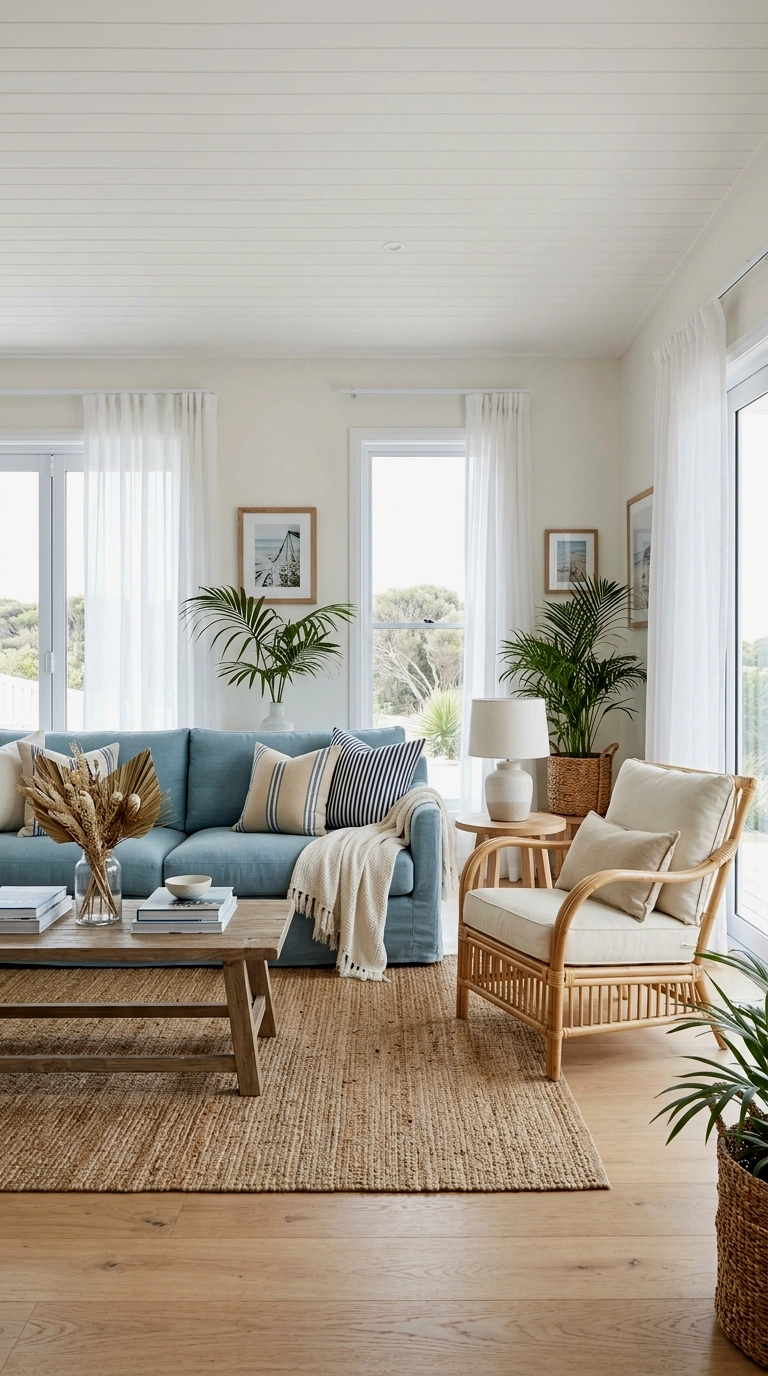 3. Blue couch with striped coastal cushions and a rattan chair