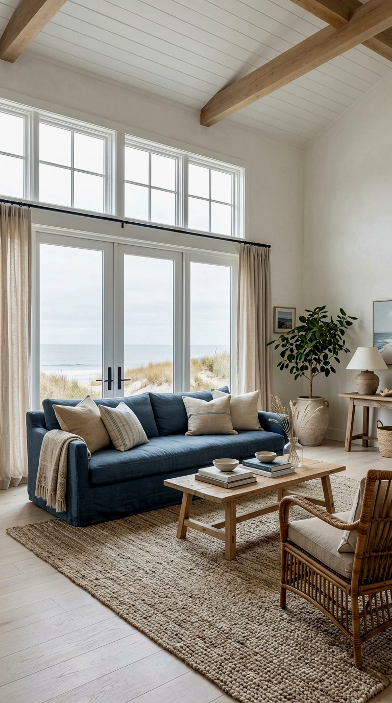4. Blue couch facing the view, low furniture, nothing blocking light