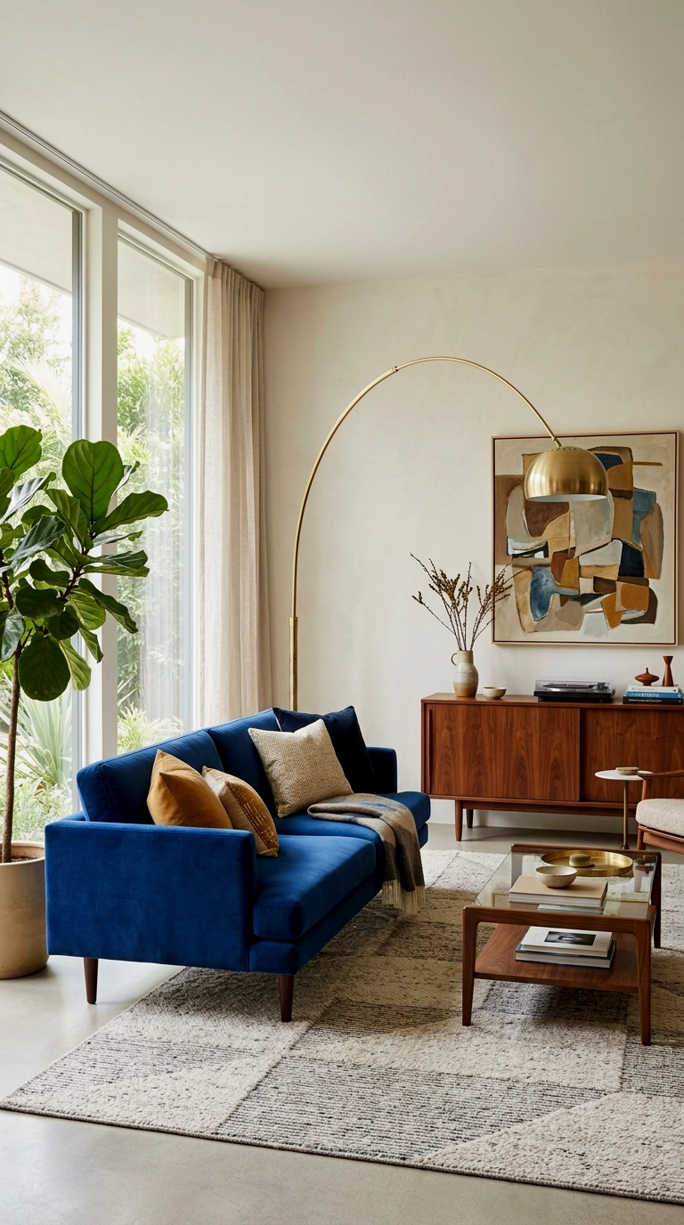 6. Cobalt couch with walnut credenza and brass arc lamp