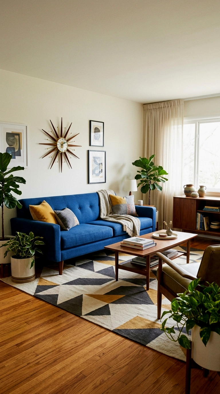 7. Blue couch with a starburst clock and graphic rug