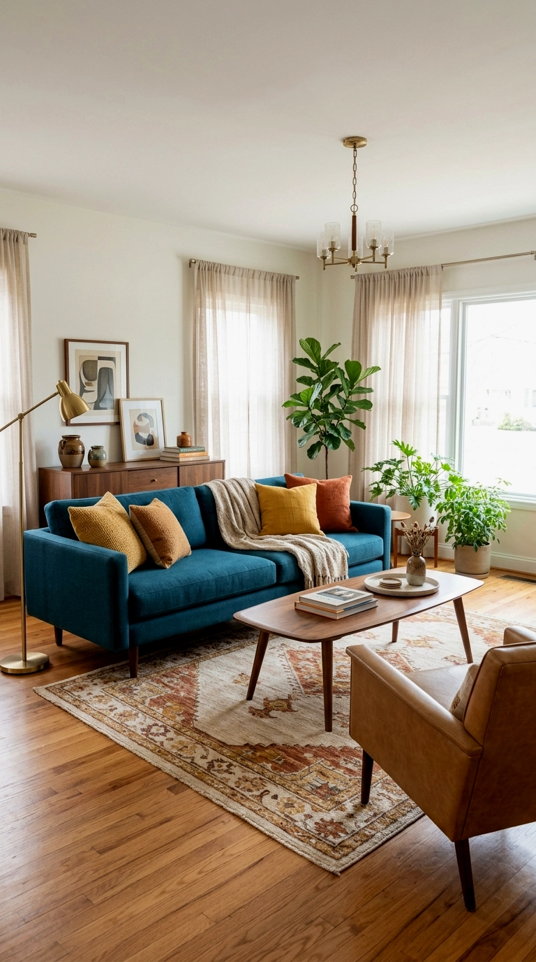 8. Teal blue couch with mustard and burnt orange cushions