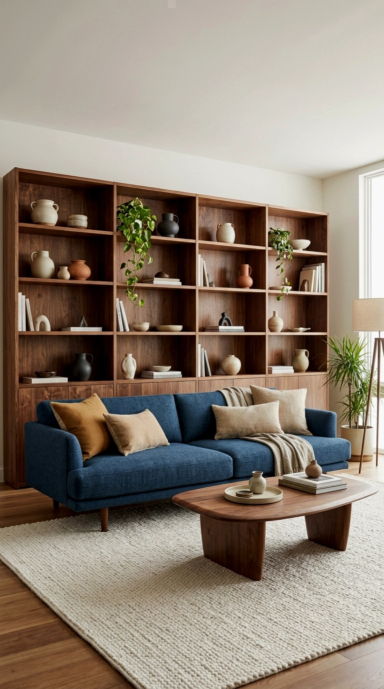 9. Low blue couch with a modular walnut shelving wall