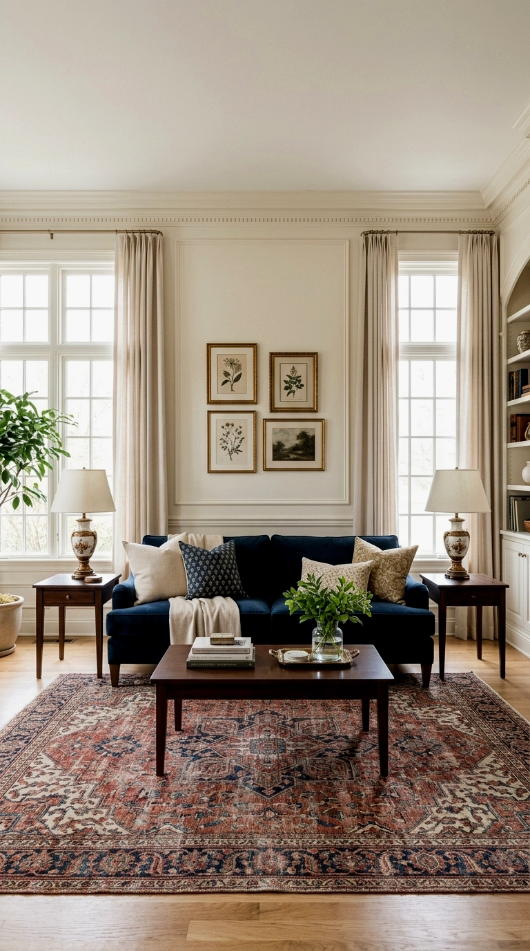 11. Navy couch with symmetrical lamps and a patterned rug