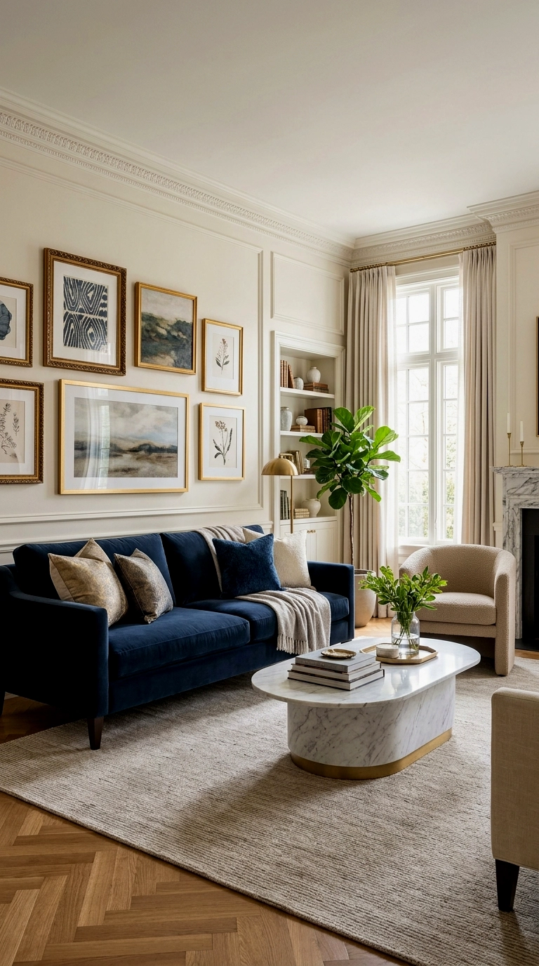 12. Blue velvet couch with gold frames and a marble table