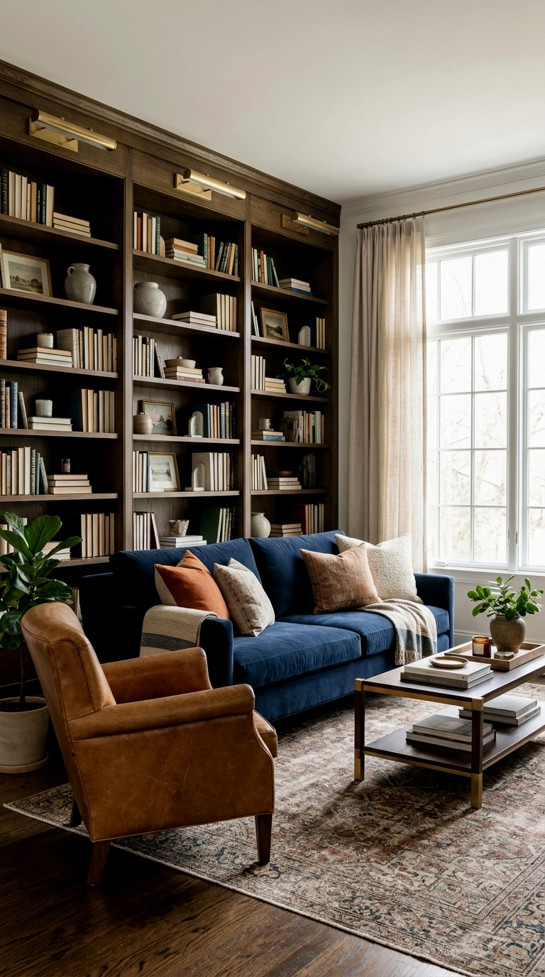 14. Blue couch in a library corner with leather and brass