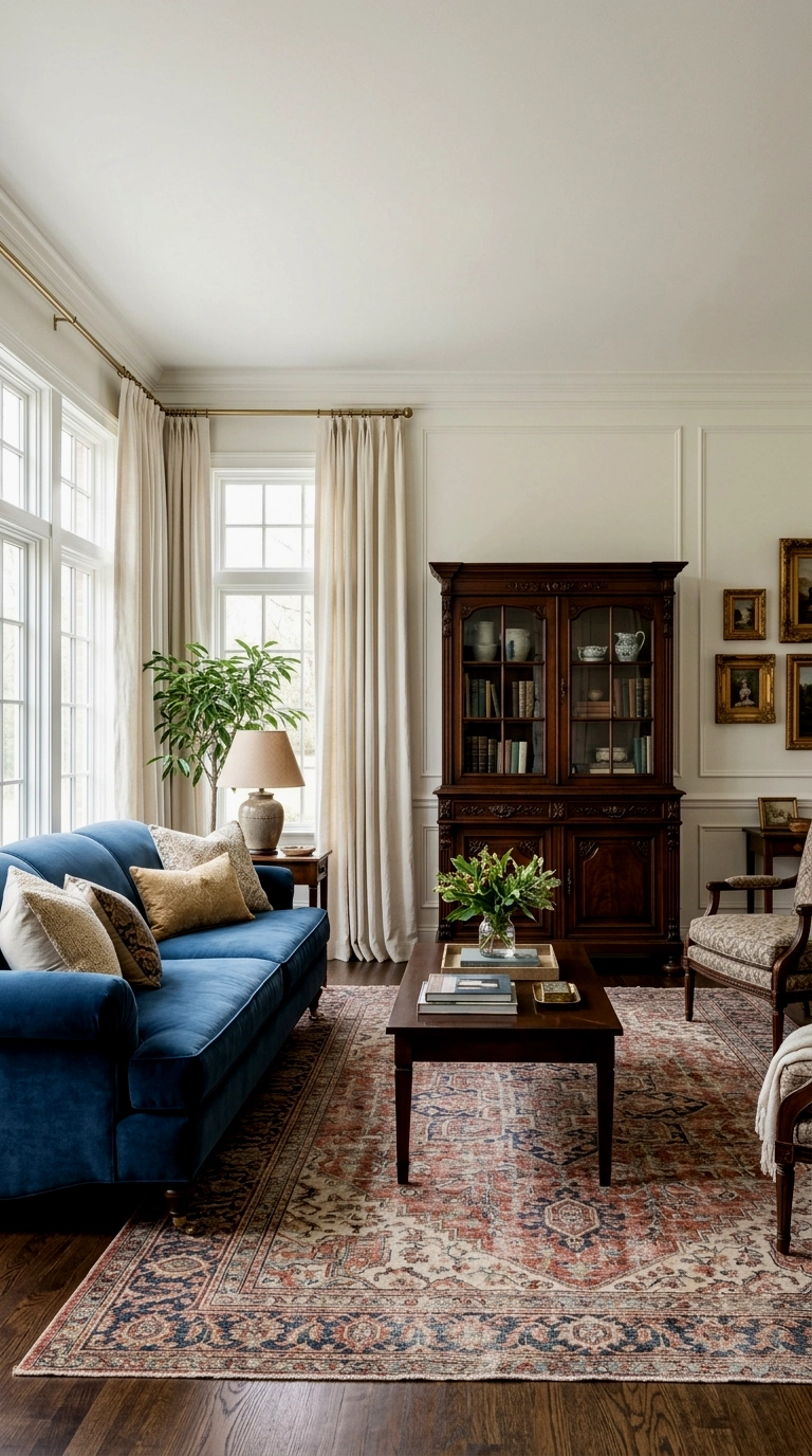 15. Blue couch with cream curtains, black piano or dark wood moment
