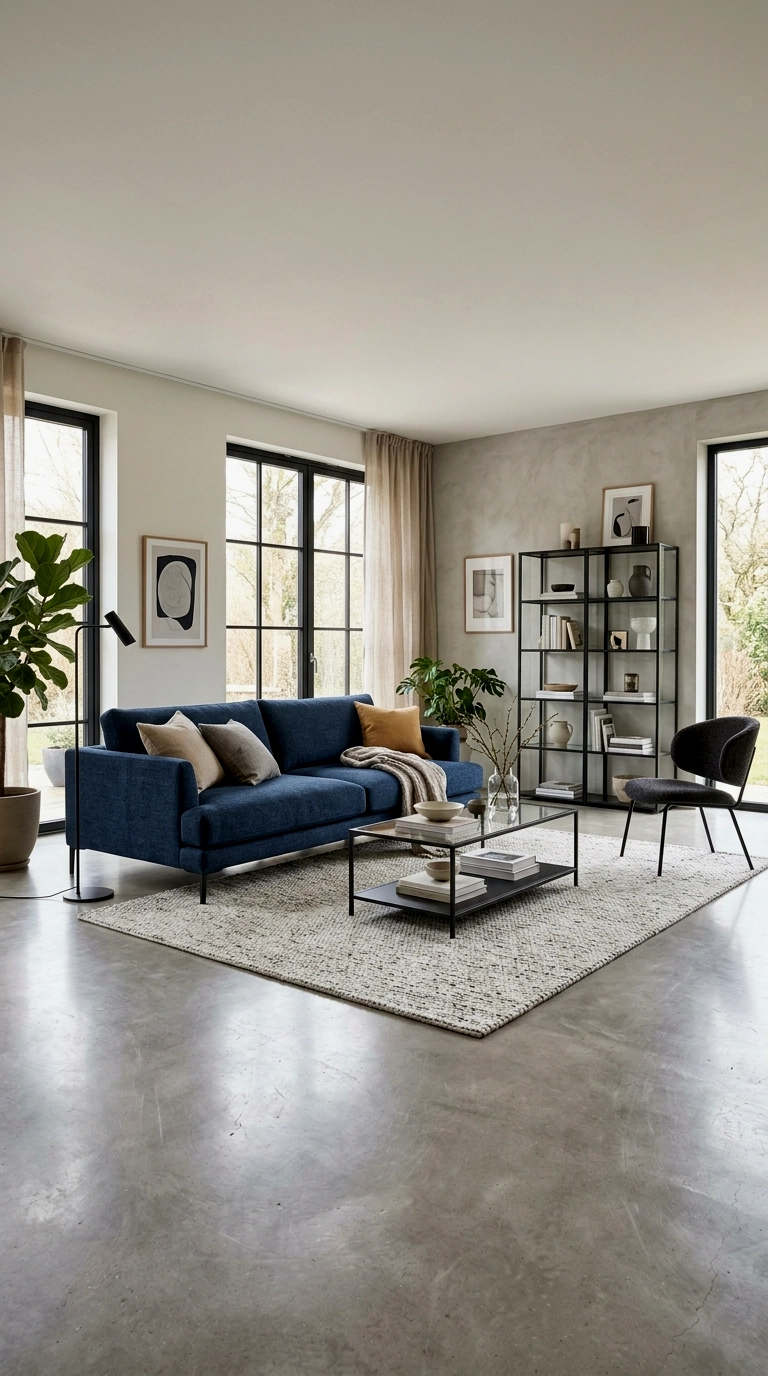 16. Blue couch on polished concrete or pale stone with black accents