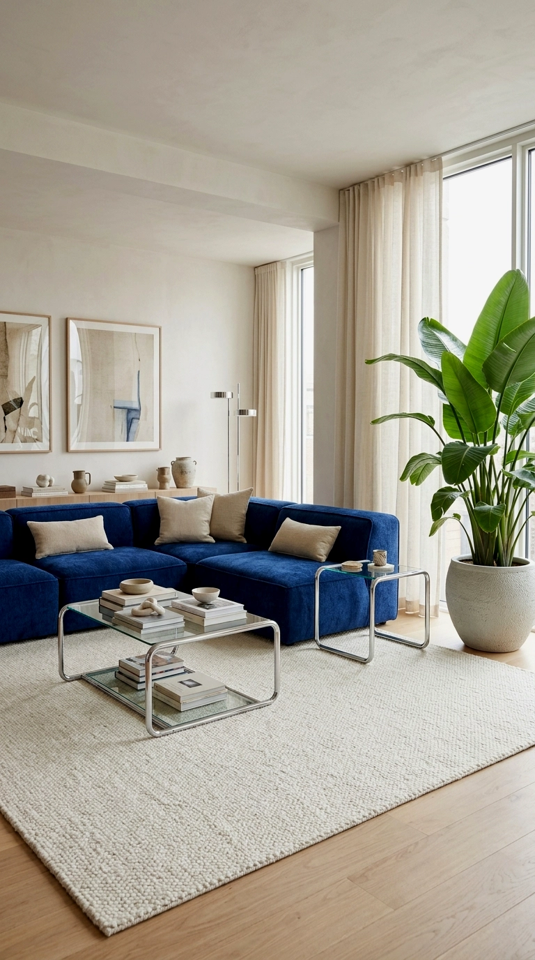 18. Blue modular couch with chrome and glass tables