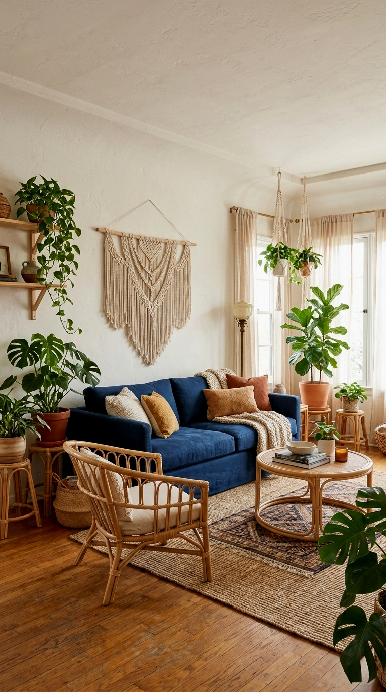 22. Indigo couch with rattan, macrame and plant jungle