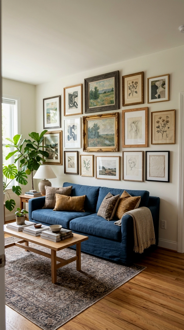 24. Blue couch with a gallery wall of travel and textiles