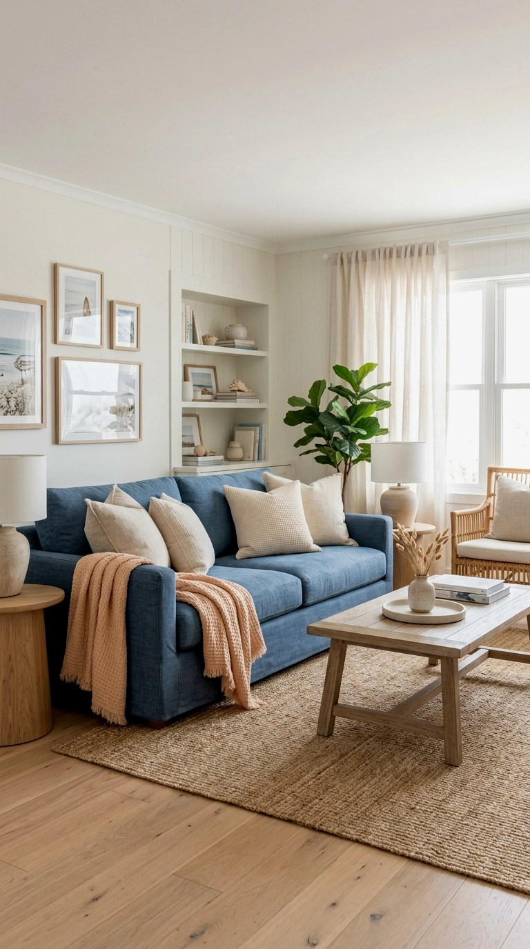 3. Denim blue sofa with cream and peach textiles