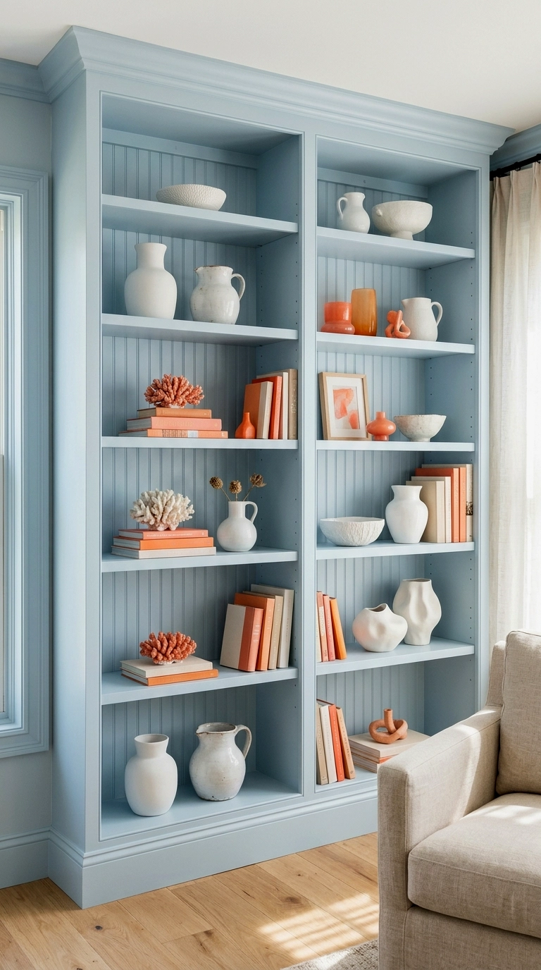4. Pale blue cabinets or shelving with coral objects