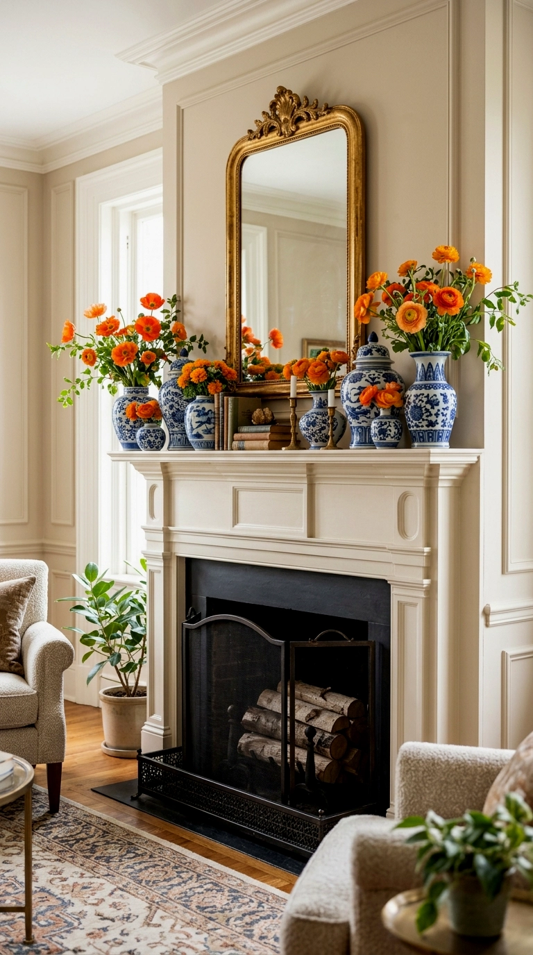 6. Blue and white pottery collection with orange flowers