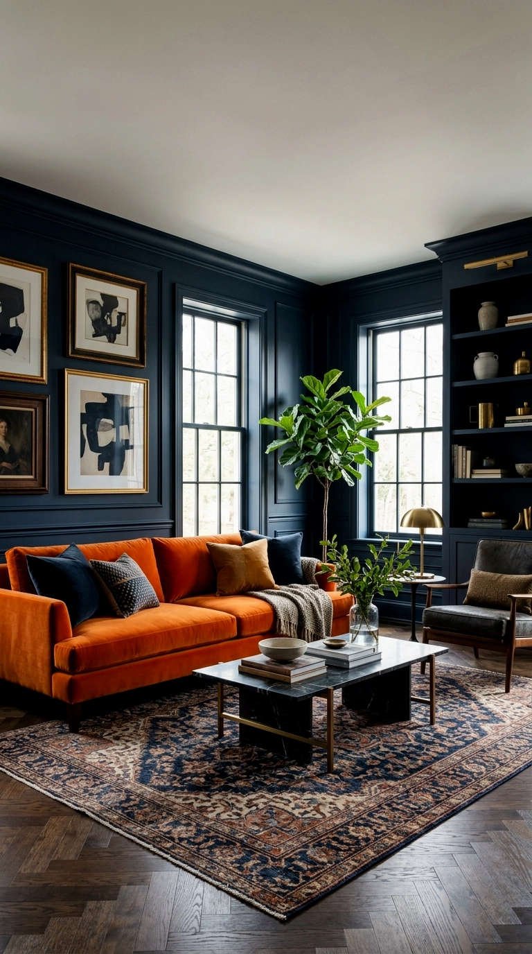 10. Navy walls with an orange sofa