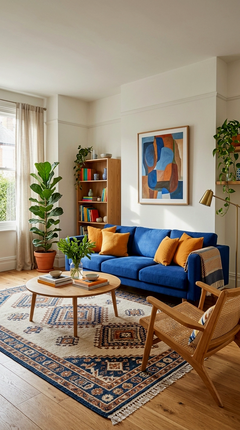 11. Cobalt blue sofa with orange and white graphic cushions