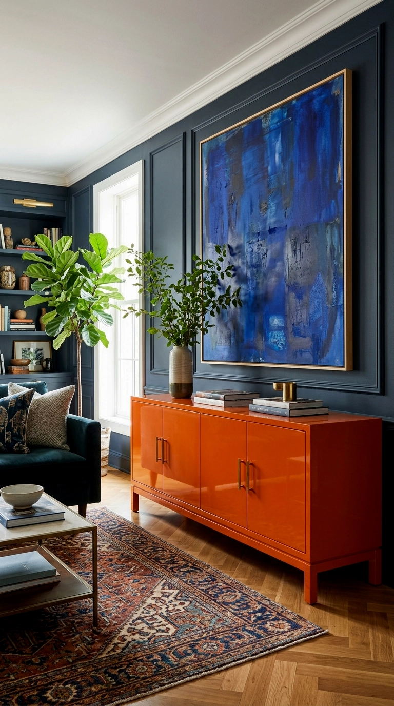 15. Orange lacquer or painted sideboard under blue art