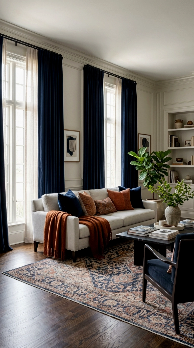 16. Navy curtains with orange tiebacks and cushions