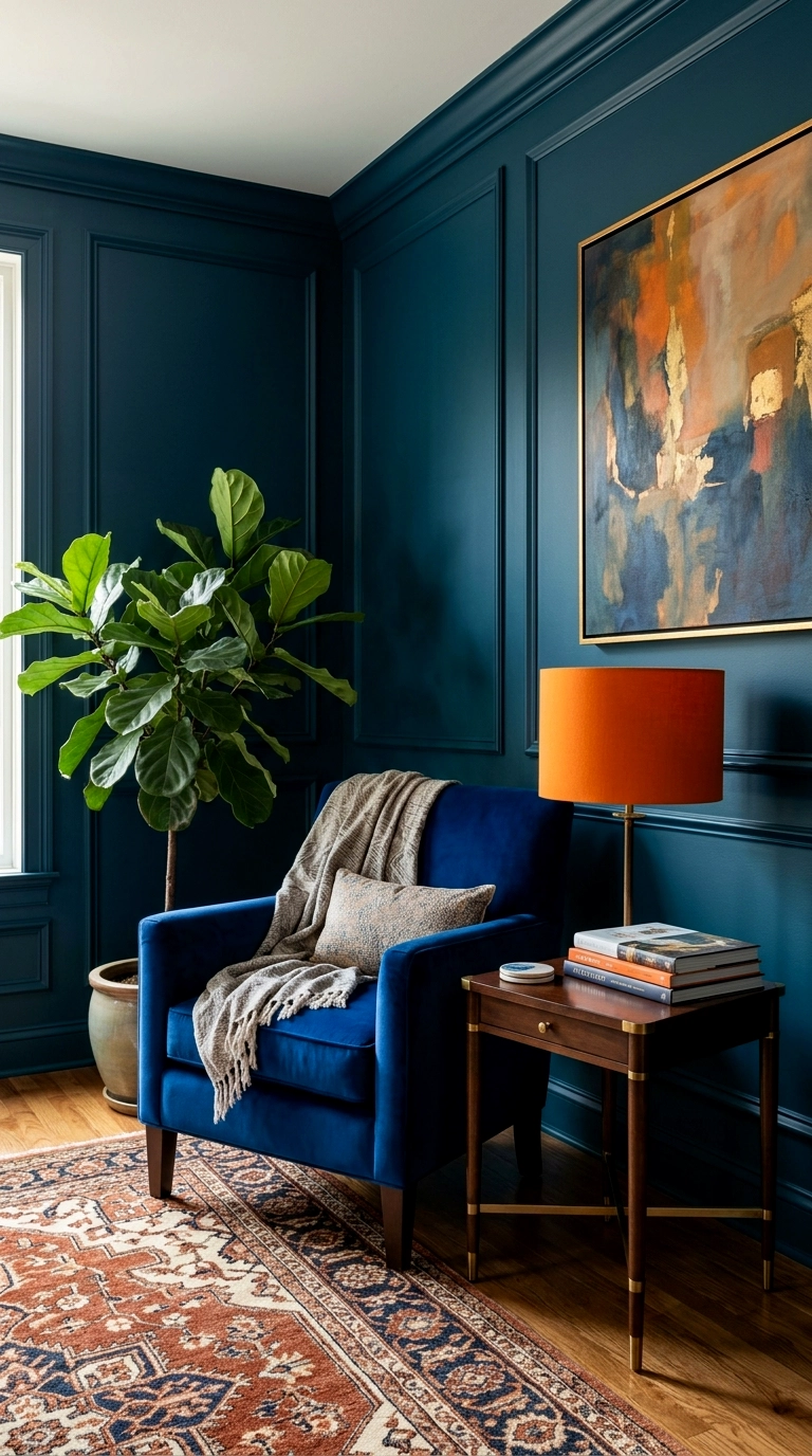 17. Blue velvet chair with an orange lamp shade