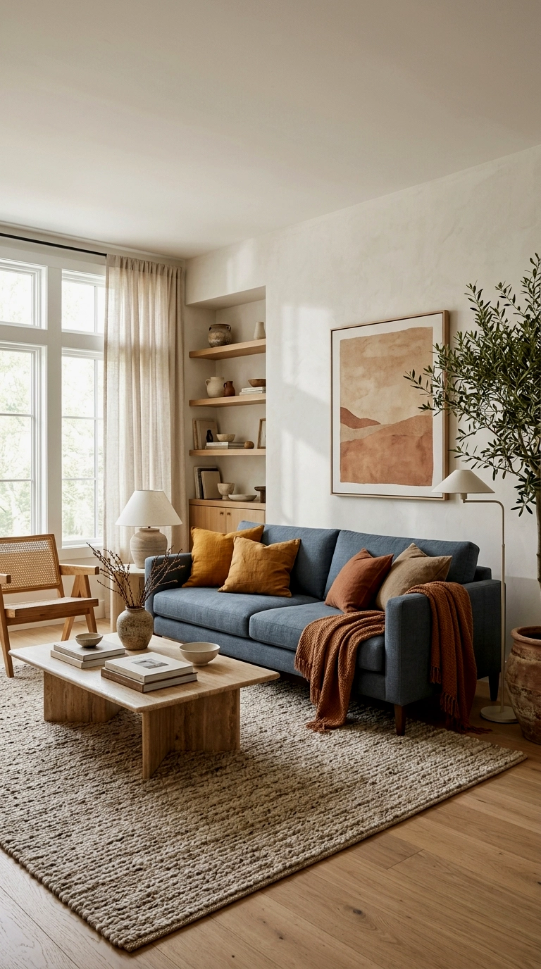 21. Ochre and rust cushions on a slate blue sofa