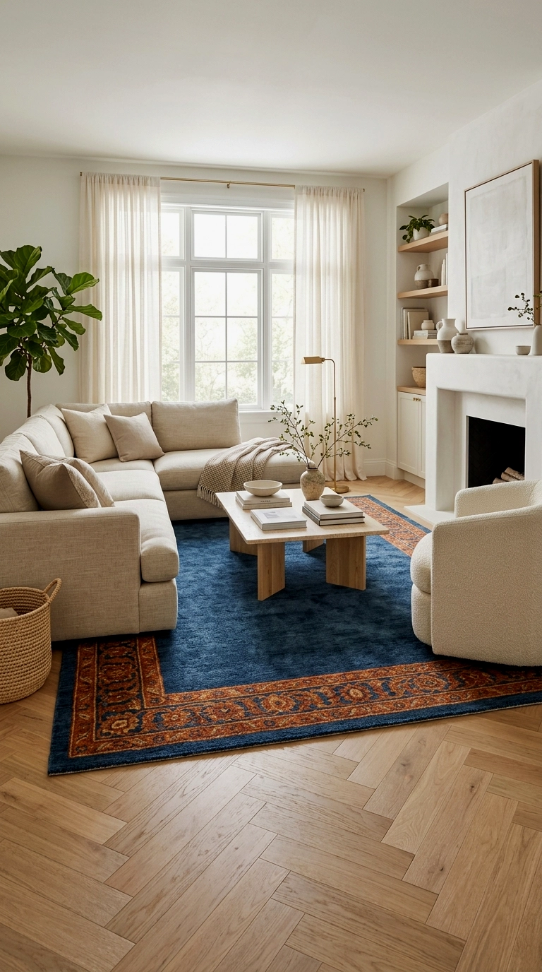 22. Deep blue rug with a burnt orange border or pattern