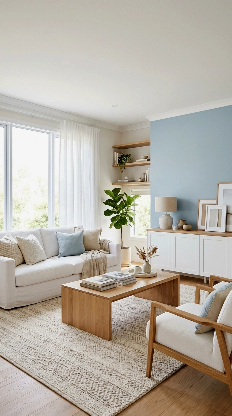 2. Pale blue accent wall with white furniture and natural wood