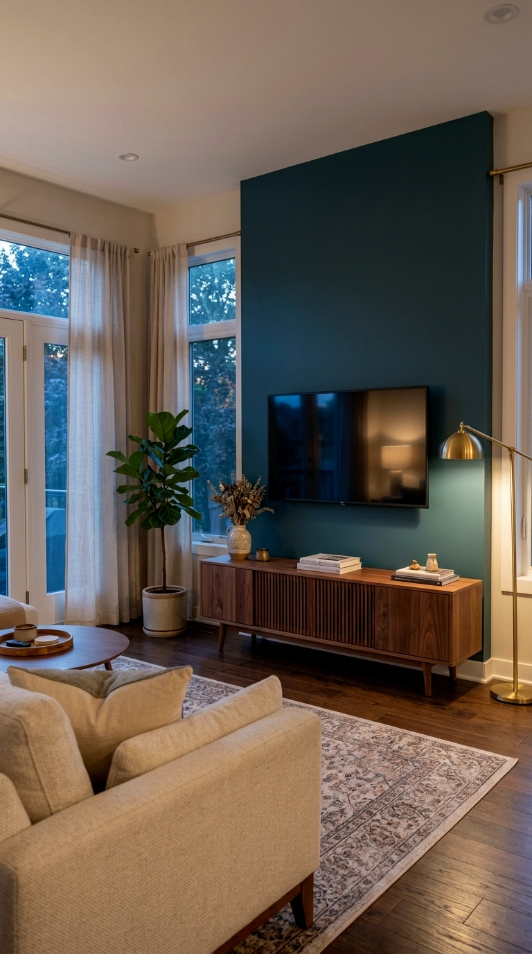 3. Teal accent wall behind the television