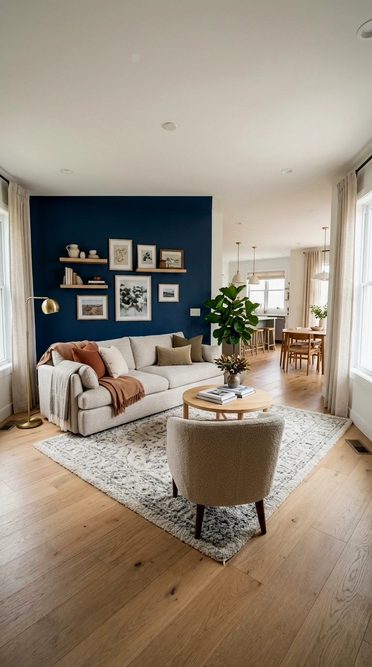 6. Blue accent wall in an open plan room to zone the living area