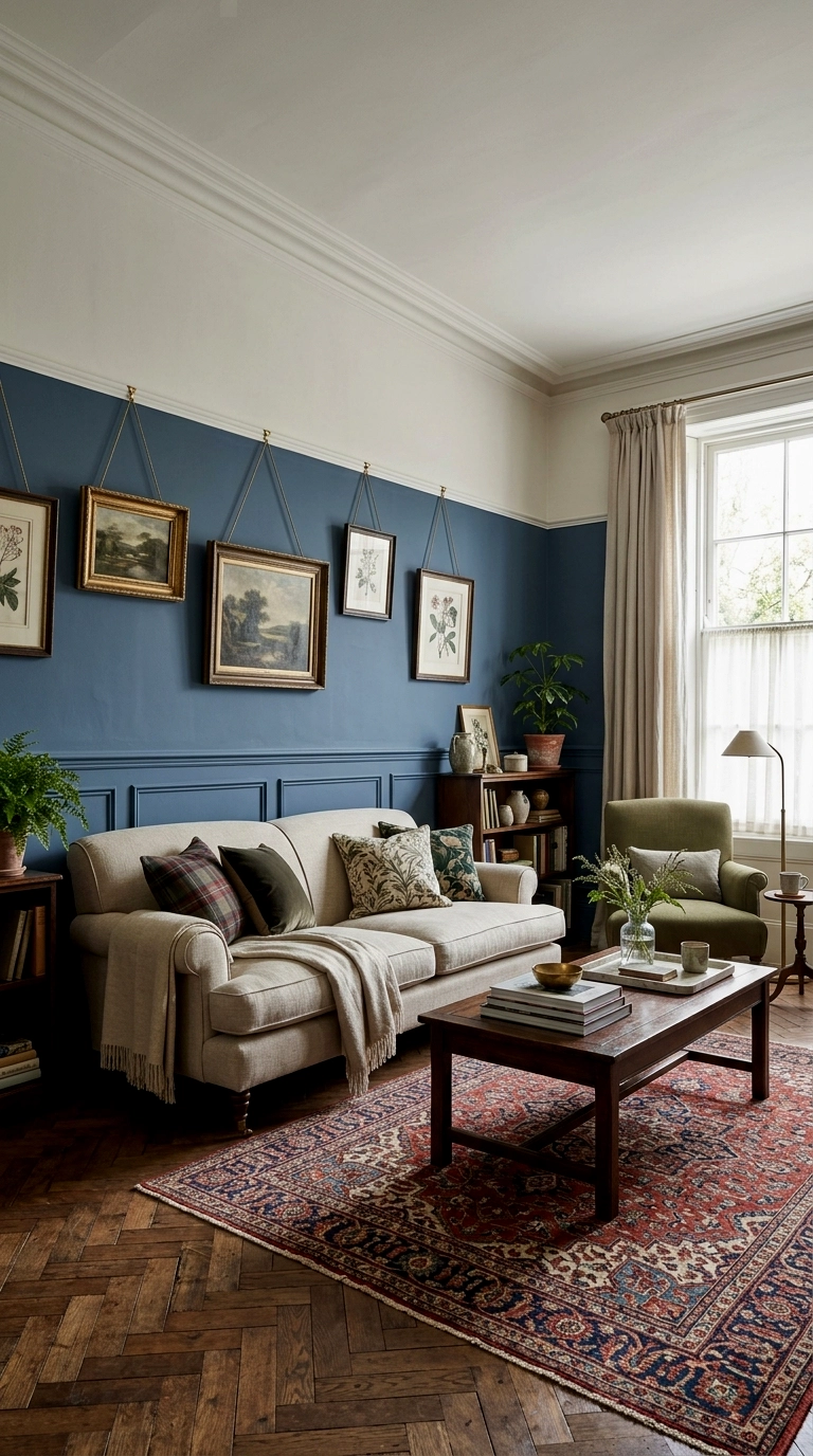 7. Two tone accent: blue below the rail, white above