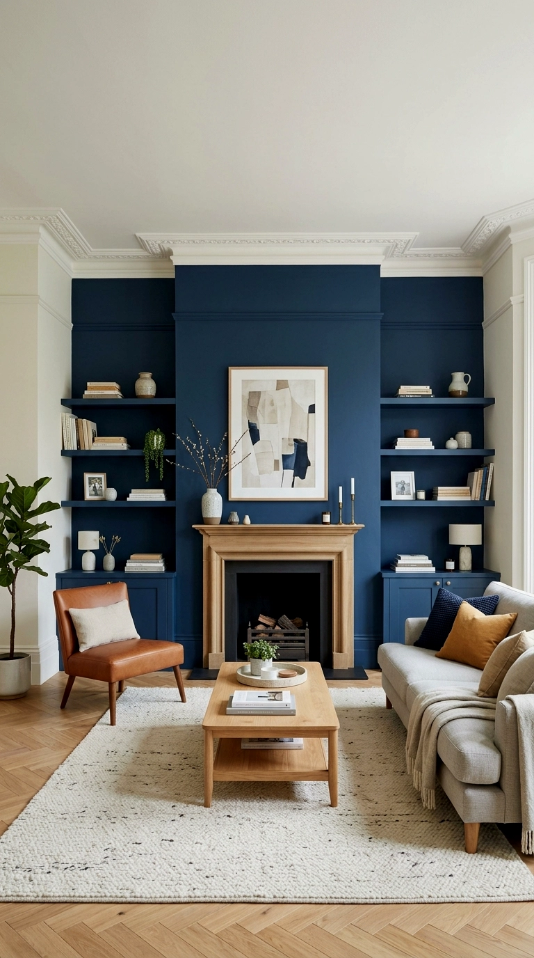 9. Blue walls either side of the fireplace