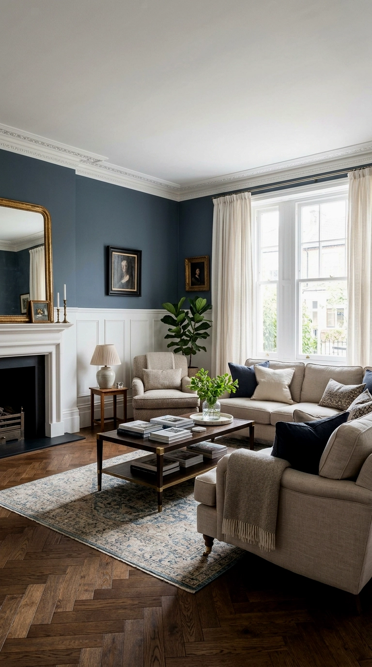 12. Blue walls with white wainscoting and trim below