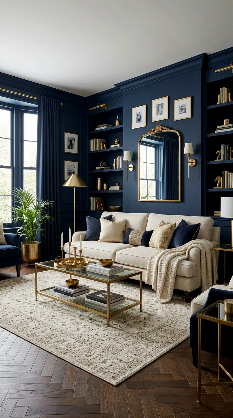 14. Full navy room with cream sofa and brass everywhere