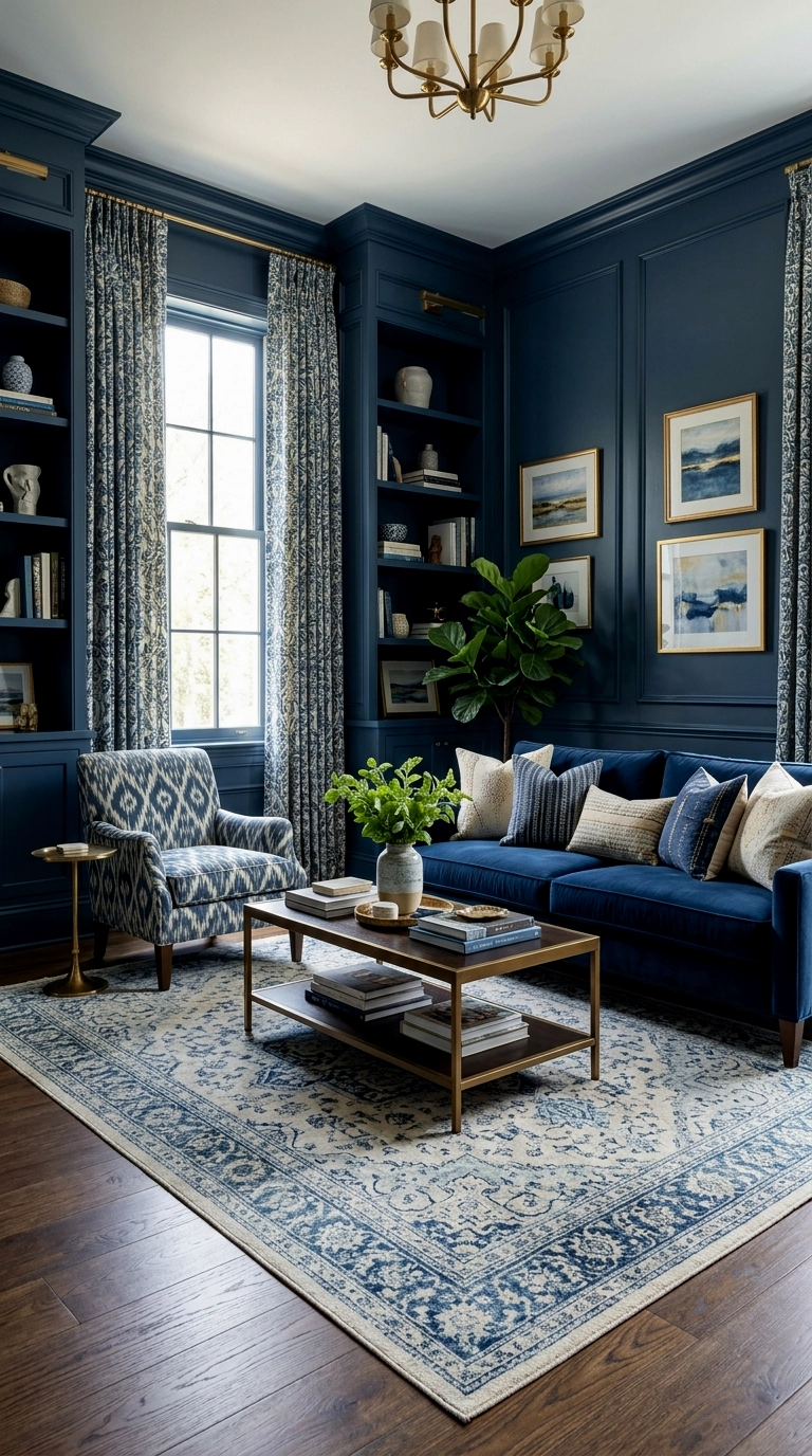 17. Full blue room with patterned curtains and rug carrying the relief