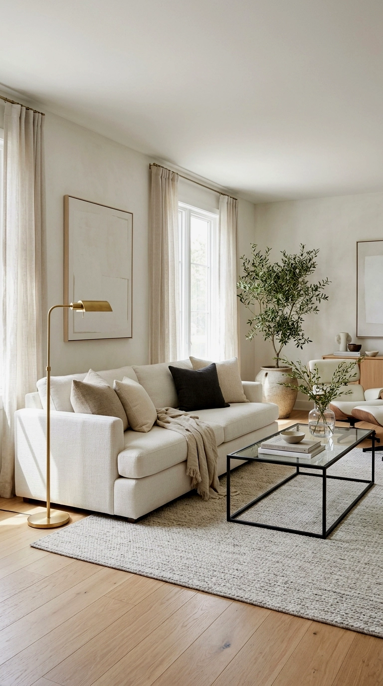 1. White sofa, black frame coffee table, one brass lamp