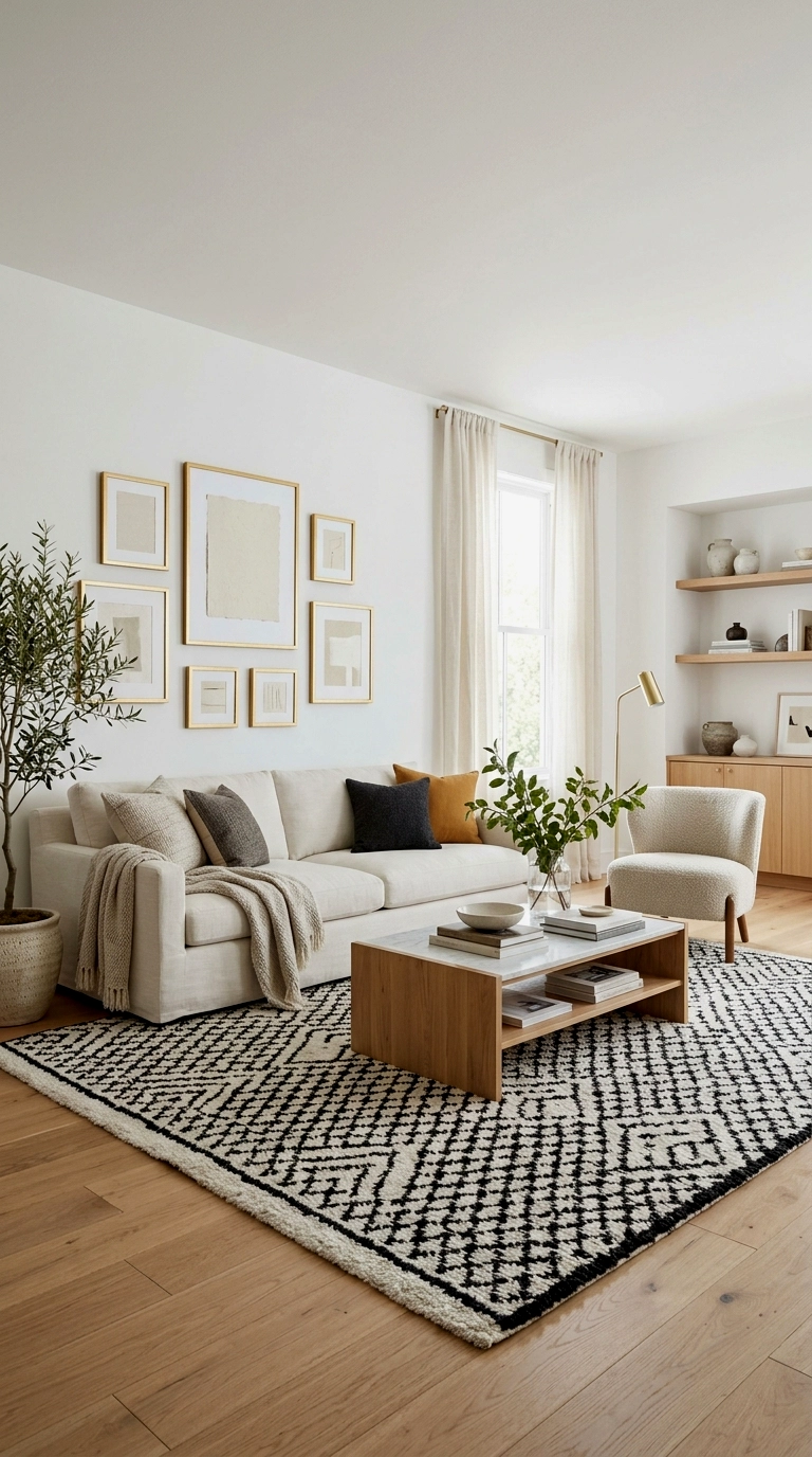 2. White walls, black and white rug, gold picture frames