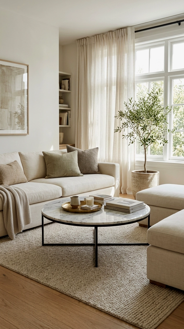 6. White marble look coffee table with black base and brass tray