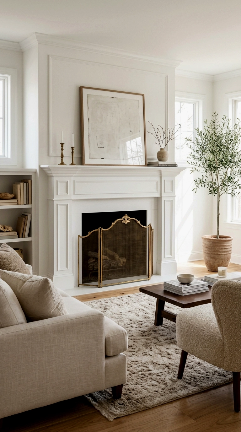 8. White fireplace wall with black firebox and gold tools or screen