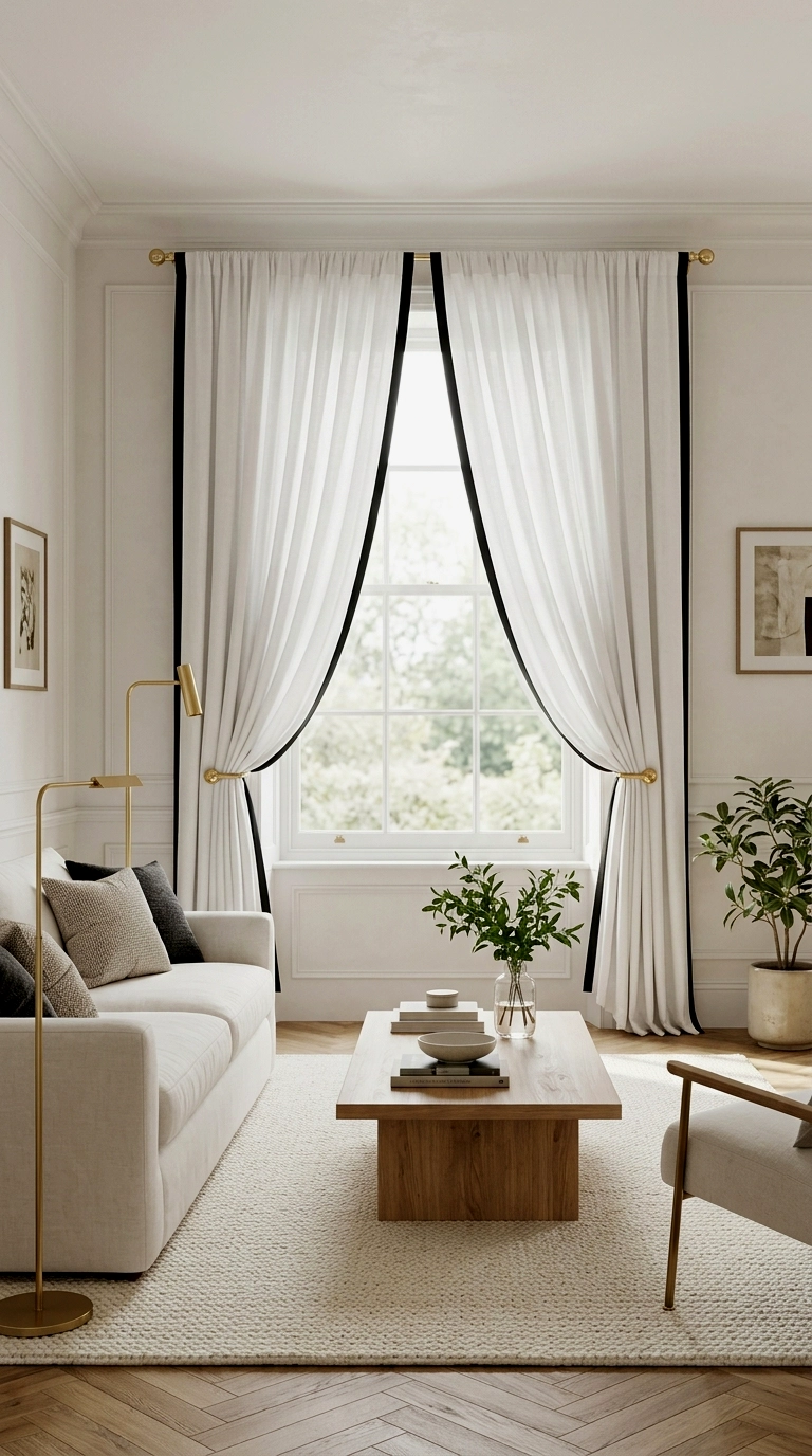 16. White curtains with black trim, gold tiebacks