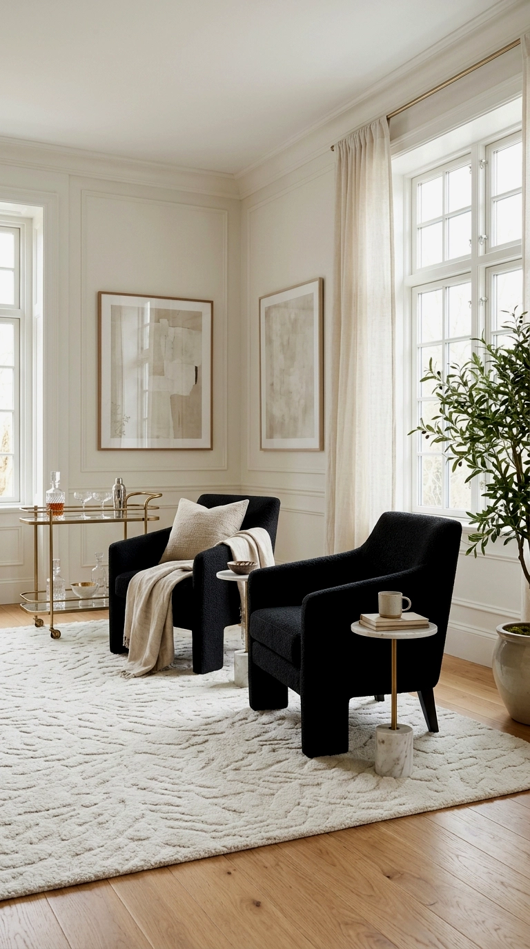 18. White rug, black armchairs pair, brass drinks trolley