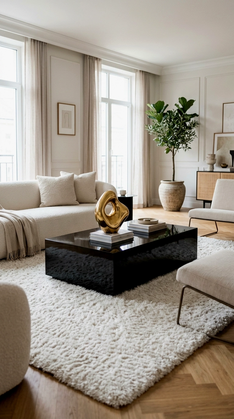 22. Black lacquer coffee table, gold sculpture, white rug