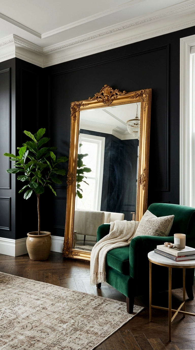 23. Gold framed floor mirror against a black wall