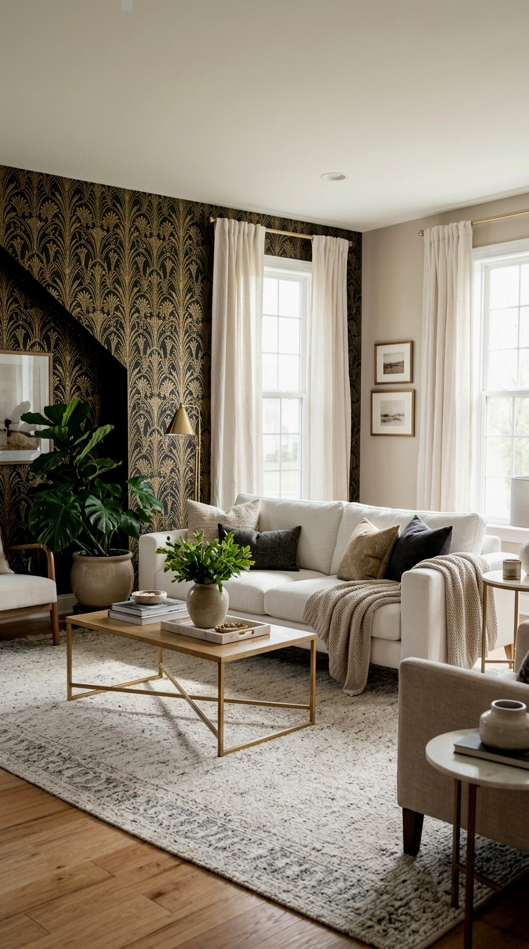24. Black and gold wallpaper feature wall, white furniture