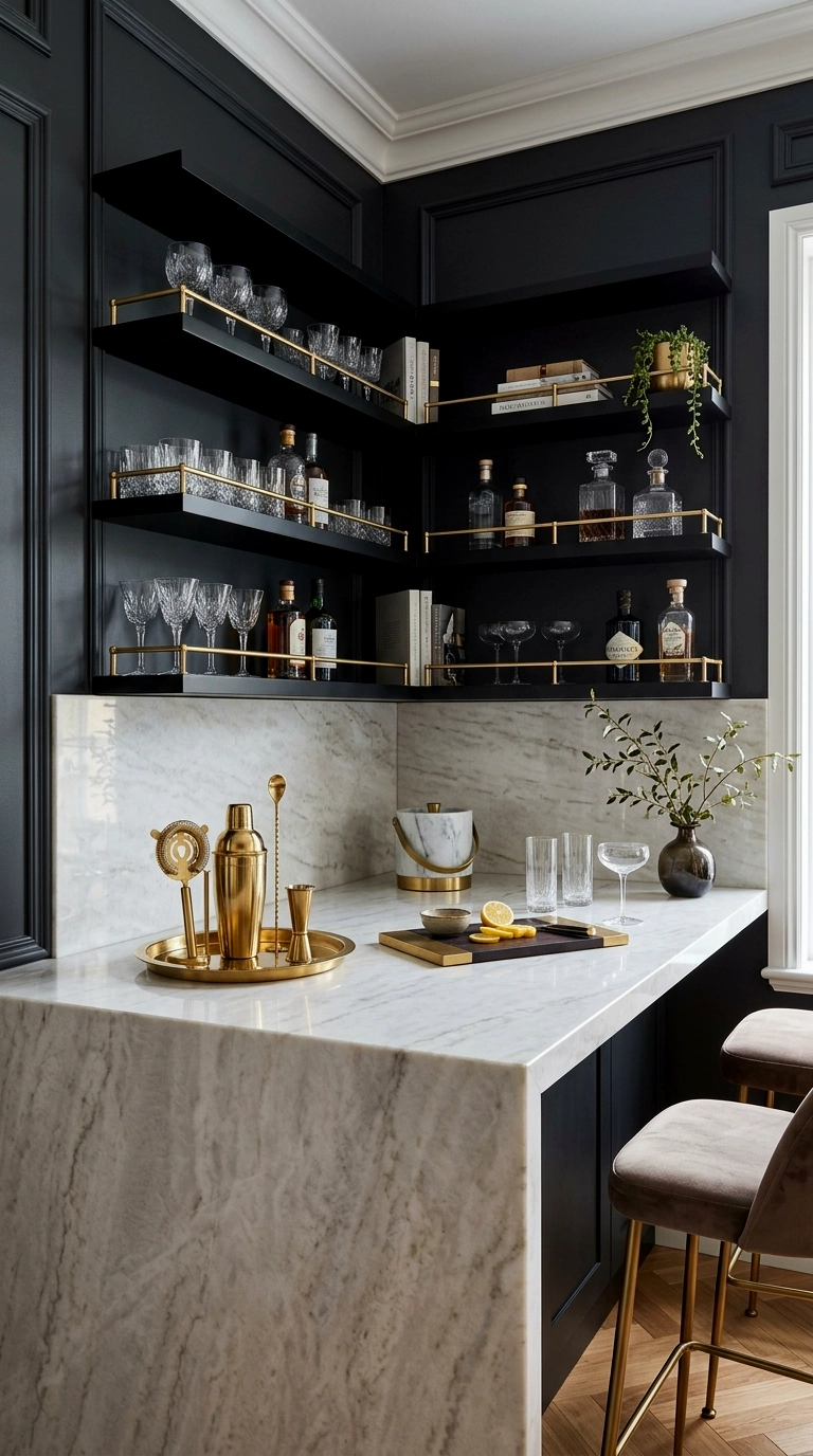 25. White marble and gold bar corner with black shelving