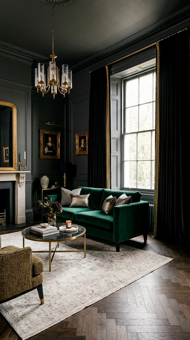 26. Black curtains with gold lining or trim, white sheers behind