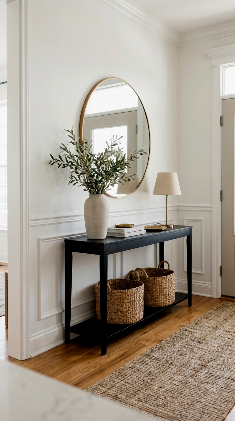 28. All three in the entry sightline: black console, white wall, gold mirror