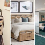 Three small bedroom furniture ideas: a wall-mounted nightstand shelf, a light wood storage bed, and sliding mirrored wardrobes