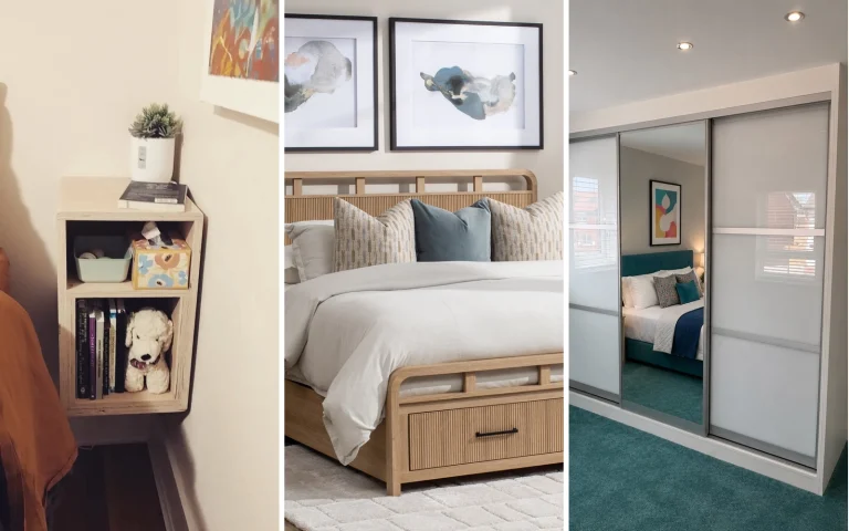 Three small bedroom furniture ideas: a wall-mounted nightstand shelf, a light wood storage bed, and sliding mirrored wardrobes