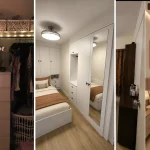 Three small bedroom organization ideas: a real walk-in closet with bins, fitted white wardrobes, and a renovated bedroom with window-seat storage